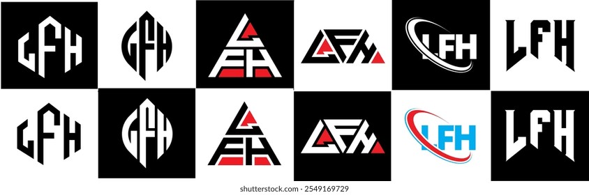 LFH Buchstaben Logo Design in sechs Stil. LFH Polygon, Kreis, Dreieck, Sechseck, flach und schlicht mit schwarz-weißem Farbvariationsbuchstaben Logo in einer Zeichenfläche. LFH minimalistisches und klassisches Logo