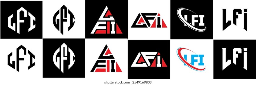 LFI Buchstaben Logo Design in sechs Stil. LFI Polygon, Kreis, Dreieck, Sechseck, flach und schlicht mit schwarz-weißem Farbvariationsbuchstaben Logo in einer Zeichenfläche. LFI minimalistisches und klassisches Logo
