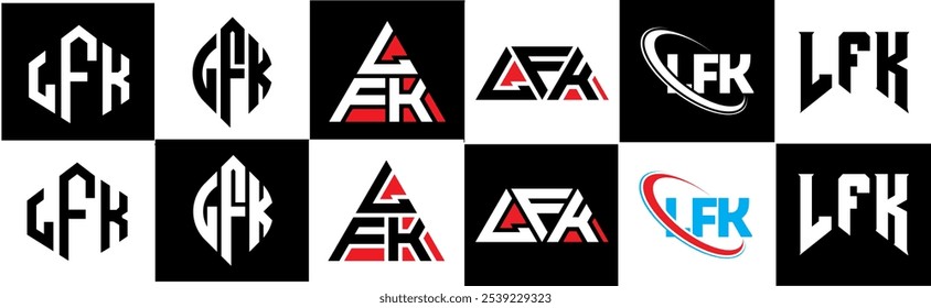 LFK Buchstaben Logo Design im Sechs-Stil. LFK Polygon, Kreis, Dreieck, Sechseck, flach und schlicht mit schwarz-weißem Farbvariationsbuchstaben Logo in einer Zeichenfläche. LFK minimalistisches und klassisches Logo