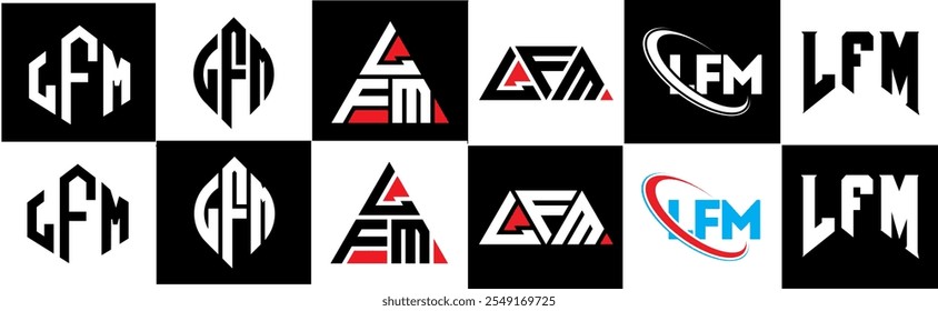 LFM letter logo design in six style. LFM polygon, circle, triangle, hexagon, flat and simple style with black and white color variation letter logo set in one artboard. LFM minimalist and classic logo