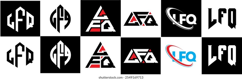 Design de logotipo de letra LFQ em estilo seis. LFQ polígono, círculo, triângulo, hexágono, plano e estilo simples com cor preta e branca variação letra logotipo definido em uma prancheta. Logotipo minimalista e clássico de LFQ