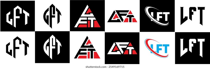 LFT Buchstaben Logo Design in sechs Stil. LFT Polygon, Kreis, Dreieck, Sechseck, flach und einfach mit schwarz-weißem Farbvariationsbuchstaben Logo in einem Zeichenbrett gesetzt. LFT minimalistisches und klassisches Logo