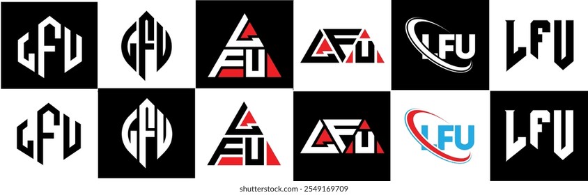 LFU letter logo design in six style. LFU polygon, circle, triangle, hexagon, flat and simple style with black and white color variation letter logo set in one artboard. LFU minimalist and classic logo