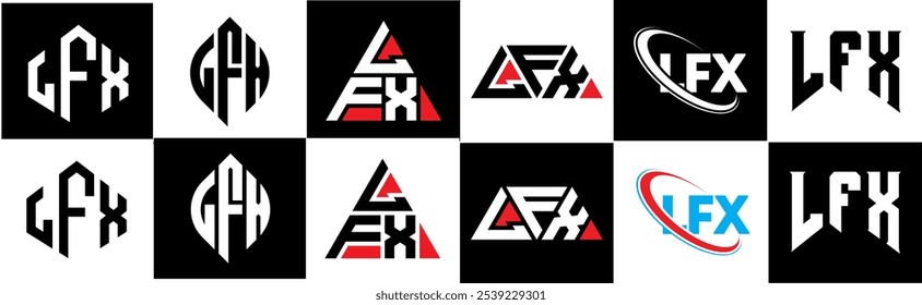 LFX Buchstaben Logo Design in sechs Stil. LFX Polygon, Kreis, Dreieck, Sechseck, flach und einfach mit schwarz-weißem Farbvariationsbuchstaben Logo in einem Zeichenbrett gesetzt. LFX minimalistisches und klassisches Logo