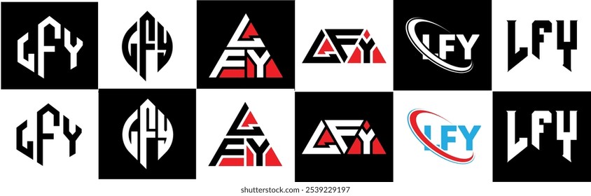 LFY letter logo design in six style. LFY polygon, circle, triangle, hexagon, flat and simple style with black and white color variation letter logo set in one artboard. LFY minimalist and classic logo