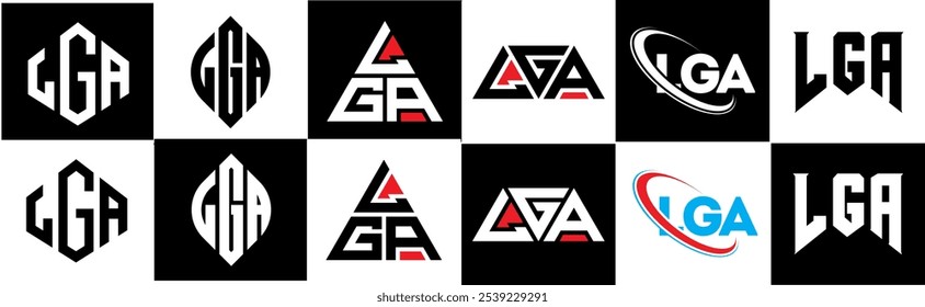 LGA letter logo design in six style. LGA polygon, circle, triangle, hexagon, flat and simple style with black and white color variation letter logo set in one artboard. LGA minimalist and classic logo