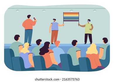 LGBT activists holding rainbow flag together at conference. Journalist asking questions about gay or lesbian rights flat vector illustration. LGBT community, support concept for banner, website design