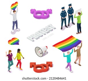 LGBT activists, police officers cartoon characters, rainbow flag, heart, megaphone, flat vector isolated illustration. LGBT protest, movement, rally, march isometric icon set.