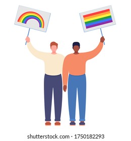 Activistas LGBT. Dos Hombres Protestan Con Carteles. Bandera arcoiris. Caracteres afroamericanos y caucásicos masculinos aislados en fondo blanco