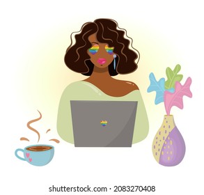 LGBT African American girl working at the computer. Vector portrait of a woman in glasses of rainbow colors, lgbt symbol. A lovely lady in a green blouse with a cup of coffee and a decorative vase.