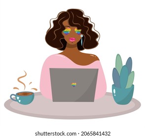 Lgbt, African American, Symbol, Beautiful, Portrait, Girl, Computer, Flat, Laptop, Lesbian, Lgbt Flag, Love, Lady, Vector, Minority Rights, Face, Cup Of Coffee, Young Woman, Office, Cartoon, Mother, K