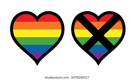 LGBT and anti LGBT heart form sign Stop lgbtq+ 6 colors rainbow round icon