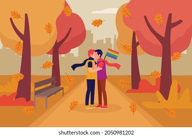 LGBT in autumn vector concept: Gay couple kissing in the park while holding rainbow flag in autumn season