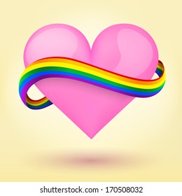 LGBT Background Pink Heart And Rainbow Ribbon. Vector Illustration. Love, Gay, Lesbian And Sexual Minorities. Editable And Isolated.