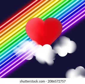 LGBT background with red heart and neon flag colors. Neon pride colorful design for Valentine's day, greeting card, banner, poster, invitation,business, pride day etc. Vector illustration