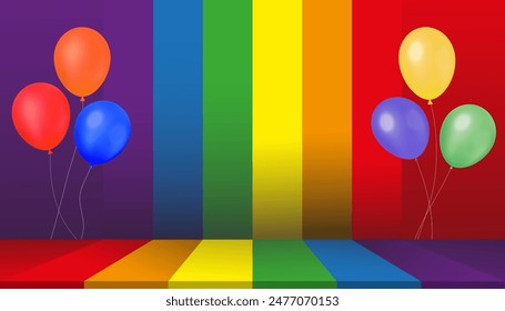 LGBT background,Happy pride month with colourful balloons in red,orange, yellow,green,blue,purple flying on rainbow pride LGBT flag wall,Backdrop for Lesbian, gay, bisexual and transgender,Pr1de