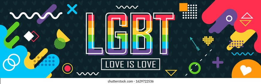 LGBT banner with modern retro abstract background design. Colorful Rainbow LGBT rights awareness campaign. Pride day. Love is love. Valentines day. Lesbians, gays, bisexuals, transgenders, queer