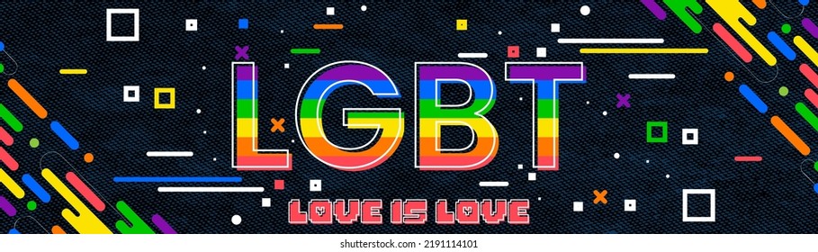 LGBT banner with modern retro abstract background design. Colorful Rainbow LGBT rights awareness campaign. Pride day. Love is love. Valentines day. Lesbians, gays, bisexuals, transgenders, queer