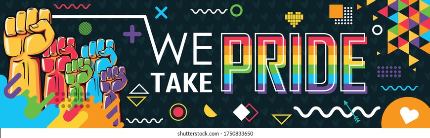 LGBT banner for pride month, with abstract rainbow colored retro background and raised fists of supporters. Campaign design.