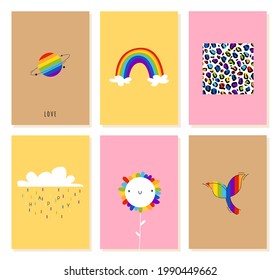 Lgbt birthday cards with rainbow, planet and flowers. Vector stock illustration