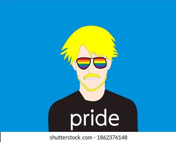 LGBT blonde hair rainbow glasses man with text pride on t-shirt