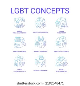 LGBT blue gradient concept icons set. Culture and movement. Gender and identity. LGBTQ community idea thin line color illustrations. Isolated symbols. Roboto-Medium, Myriad Pro-Bold fonts used