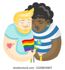 LGBT Boys in love holding rainbow flag and flower - vector illustration. LGBT pride Gay and Lesbian concept