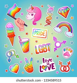 Lgbt Bright Sticker Set With Traditional Emblems. Lesbian, Gay, Bisexual, And Transgender Symbols. Vector Flat Style Cartoon Illustration