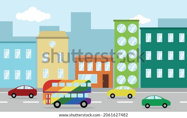 LGBT bus travels through the city streets.\
LGBT sightseeing bus on the city\
streets