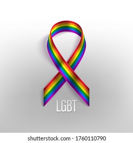 LGBT Card With Photo Realistic Rainbow Ribbon, Symbol Of LGBT Community On A Light Background. Template Vector Design For Card, Banner, Poster.  Recognising LGBT, Equality And Diversity Of People.