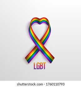 LGBT Card With Photo Realistic Rainbow Ribbon, Symbol Of LGBT Community On A Light Background. Template Vector Design For Card, Banner, Poster.  Recognising LGBT, Equality And Diversity Of People.