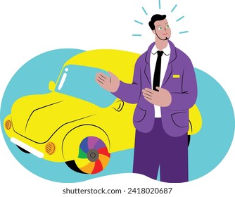 A LGBT car-sales man wearing purple suit, speaking in front of a yellow car. A symbol of gender diversity. Queer People