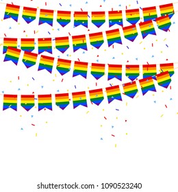 LGBT celebration bunting flags with Confetti And Ribbons on white background.vector illustration