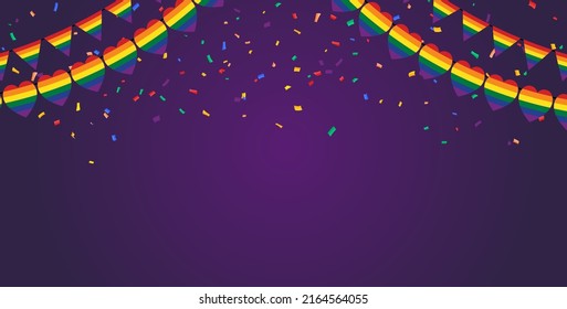 LGBT celebration bunting flags with Confetti And Ribbons on deep violet background.vector illustration. Vector garland of heart-shaped flags. Colorful rainbow bunting. Pride month. LGBTQ Plus.