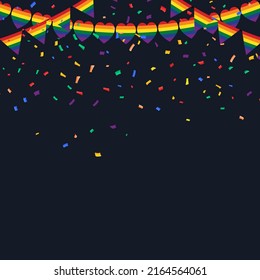 LGBT celebration bunting flags with Confetti And Ribbons on Black background background. Vector illustration. Vector garland of heart-shaped flags. Colorful rainbow bunting. Pride month. LGBTQ Plus.