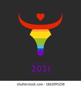 Lgbt christmas sign with bull and inscription in rainbow colors. New year lgbt card in flat style 2021. Bull logo. Vector stock illustration