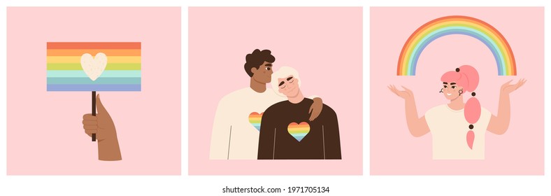 LGBT collection. Set of illustrations about gay relationship, homosexual people, pride parade. LGBTQ movement concept. Hand holding a flag. Rainbow, heart symbols. Isolated flat vector illustrations