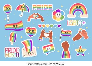 Lgbt collection stickers kawaii pride month flat style