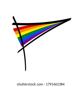 LGBT Farbe doodle Dreiecksflagge. Regenbogenflagge einzeln auf weißem Hintergrund. Gestreiftes Texturzeichen. Schwule, Lesben, Transgender-Menschen, Toleranz, Gleichheit, Liebessymbol. LGBTQ-Preisparade im Monat