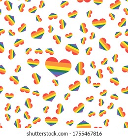 LGBT colored hearts seamless pattern on white background. Vector illustration. Gay prparade flag colored hearts. LGBT concept.