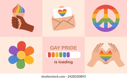 LGBT community banner. LGBTQ pride rainbow elements. Gay Pride 
 is loading greeting card. Vector illustration in hand drawn style 