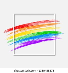 LGBT community flag and frame isolated on white. Symbol of gay pride. Grunge brush strokes texture the colors of the rainbow. International Day Against Homophobia vector illustration.