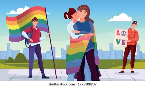 Lgbt community flat background with young people holding flag in colors of rainbow vector illustration