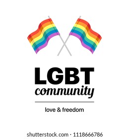 LGBT community flat vector card with two crossed rainbow flags isolated on white background