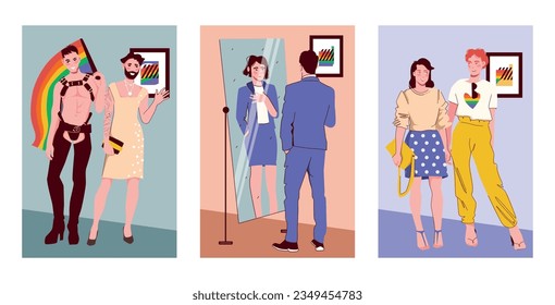 Lgbt community flat vertical posters set with gay transgender lesbian people isolated vector illustration