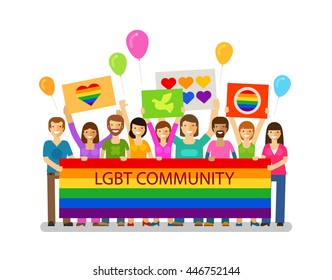 LGBT community. Gay parade, holiday, festival, celebration icon. Happy people with placards