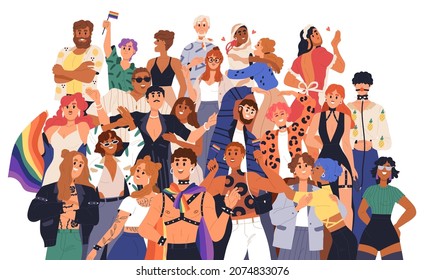 LGBT community. Group of happy people at LGBTQ pride with flags. Sexual freedom and love diversity concept. Gays, lesbians and queer persons. Flat vector illustration isolated on white background