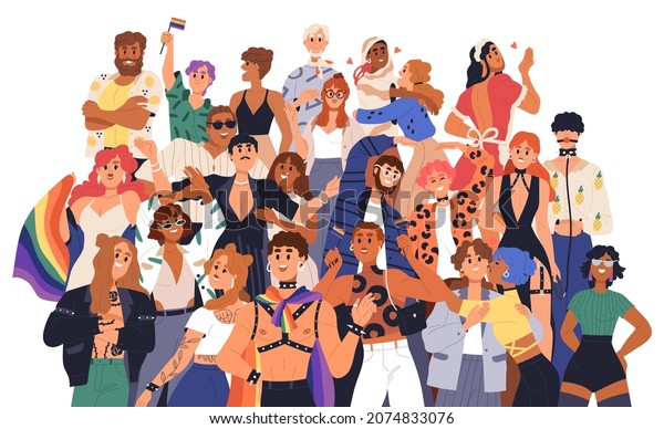 LGBT community. Group of happy people at LGBTQ\
pride with flags. Sexual freedom and love diversity concept. Gays,\
lesbians and queer persons. Flat vector illustration isolated on\
white background
