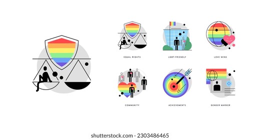 LGBT community. Human rights. Equality, love. Set of six flat icons. Vector file.