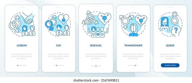 LGBT community includes blue onboarding mobile app screen. Walkthrough 5 steps editable graphic instructions with linear concepts. UI, UX, GUI template. Myriad Pro-Bold, Regular fonts used